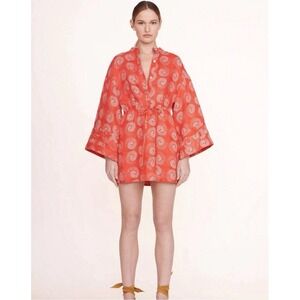 STAUD Karlee Linen Bell Sleeve Mini Kimono Dress Coral Red Tie Front Resort Sz S